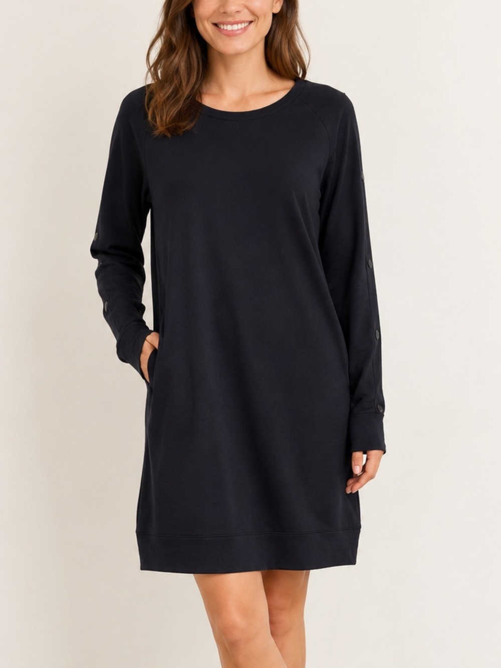 Athleta Women’s Size XL Black Sweatshirt Dress Snap Long Sleeve Tunic Cozy Comfy